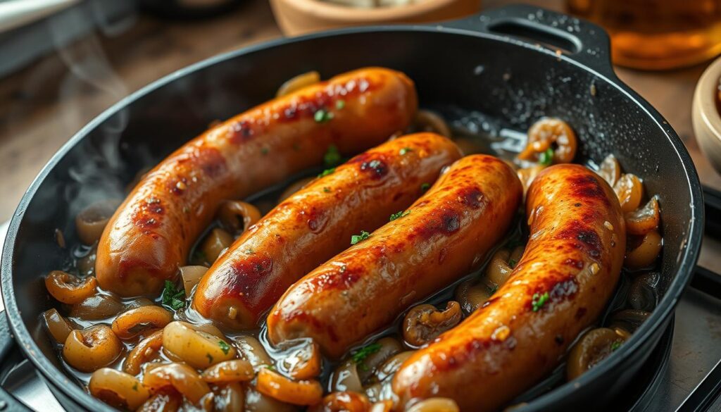 Brats de Cerveja em uma Frigideira Brats de Cerveja em uma Frigideira