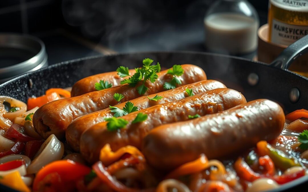 Brats de Cerveja em uma Frigideira