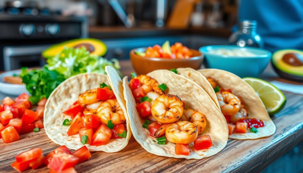 montagem de tacos de camarão