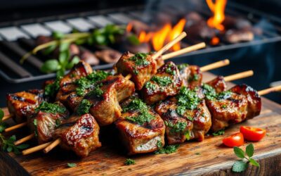 Espetos de cordeiro temperados com chimichurri de hortelã