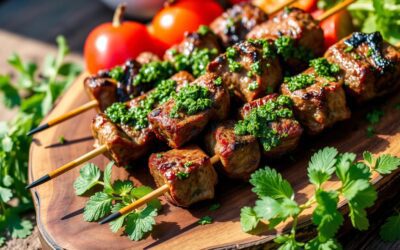 Espetos de cordeiro temperados com chimichurri de hortelã